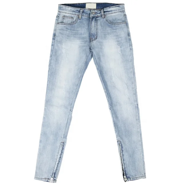
OEM street light blue washed straight denim jeans ankle zipper slim fit pants casual vintage outdoor trousers stock dropshipping 