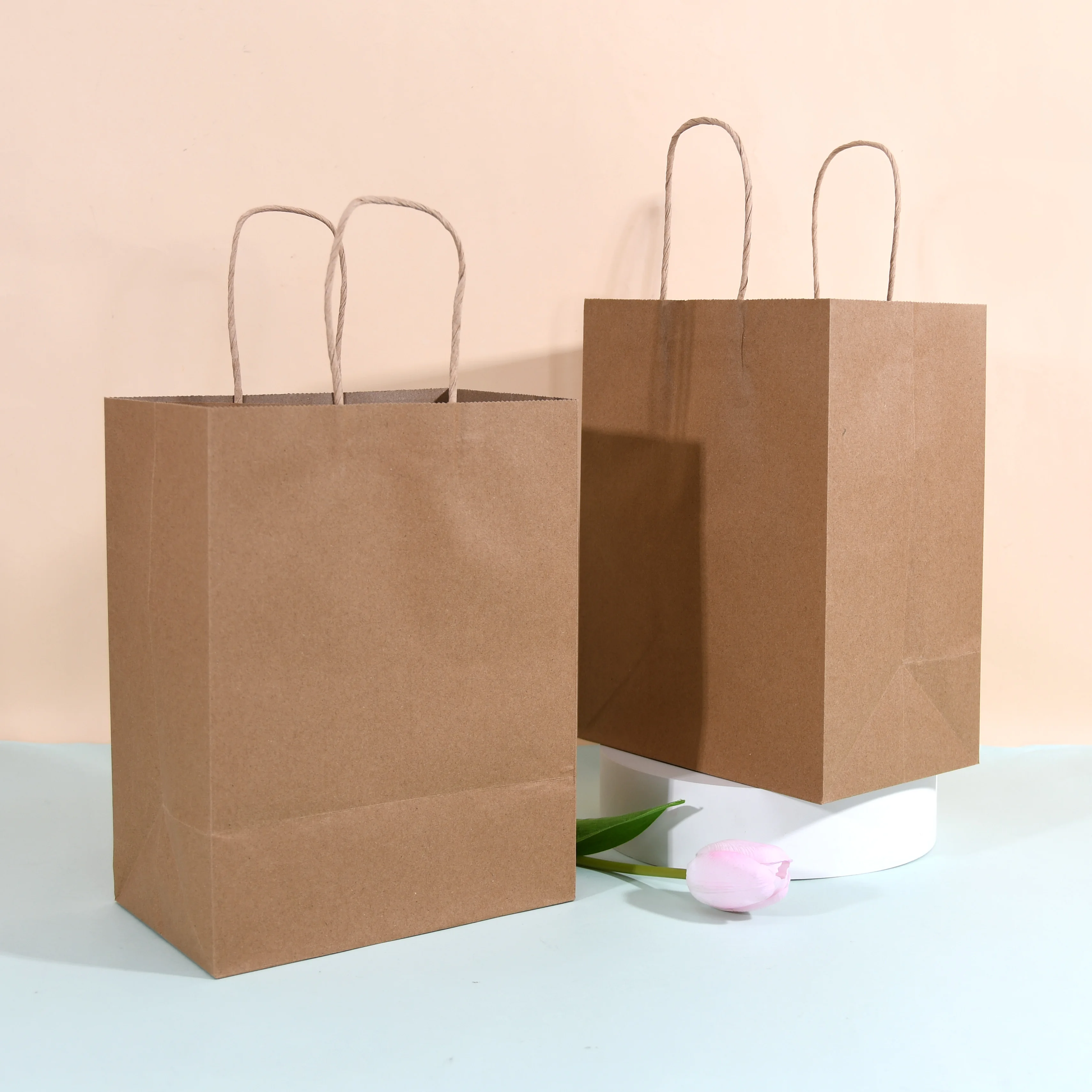 Eco-friendly Reinforced Handle Craft Paper Bags Custom Printed Logo Solid Durable Bottom Brown Kraft Paper Bag