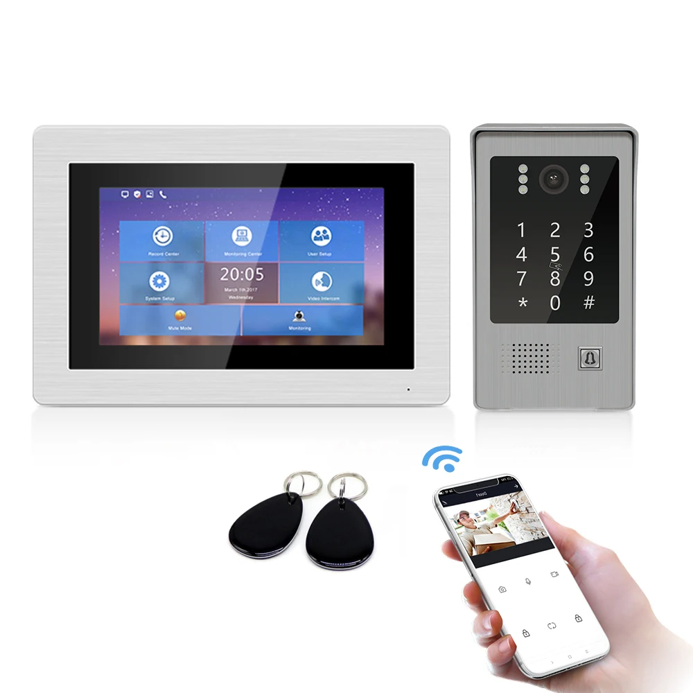 720P WiFi IP Video Door Phone Video Intercom 7' Touch Screen Free App Remote Unlock Code Keypad RFIC Card Access Control System