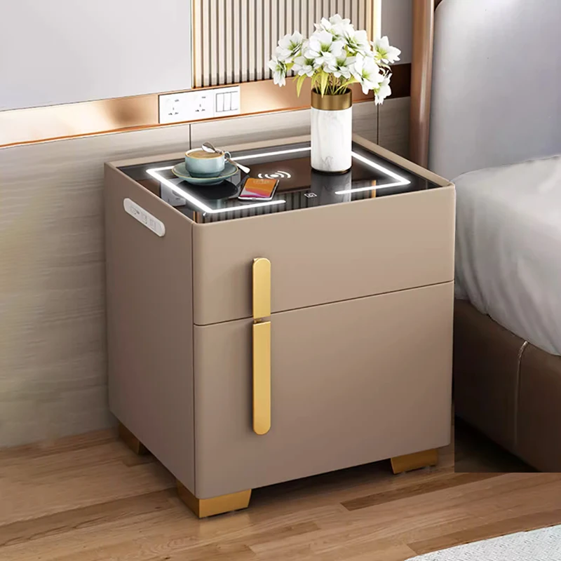 Smart bedside table with Fingerprint Lock and Wireless Charging Station LED Lights USB Port 2 Drawer Storage Cabinet
