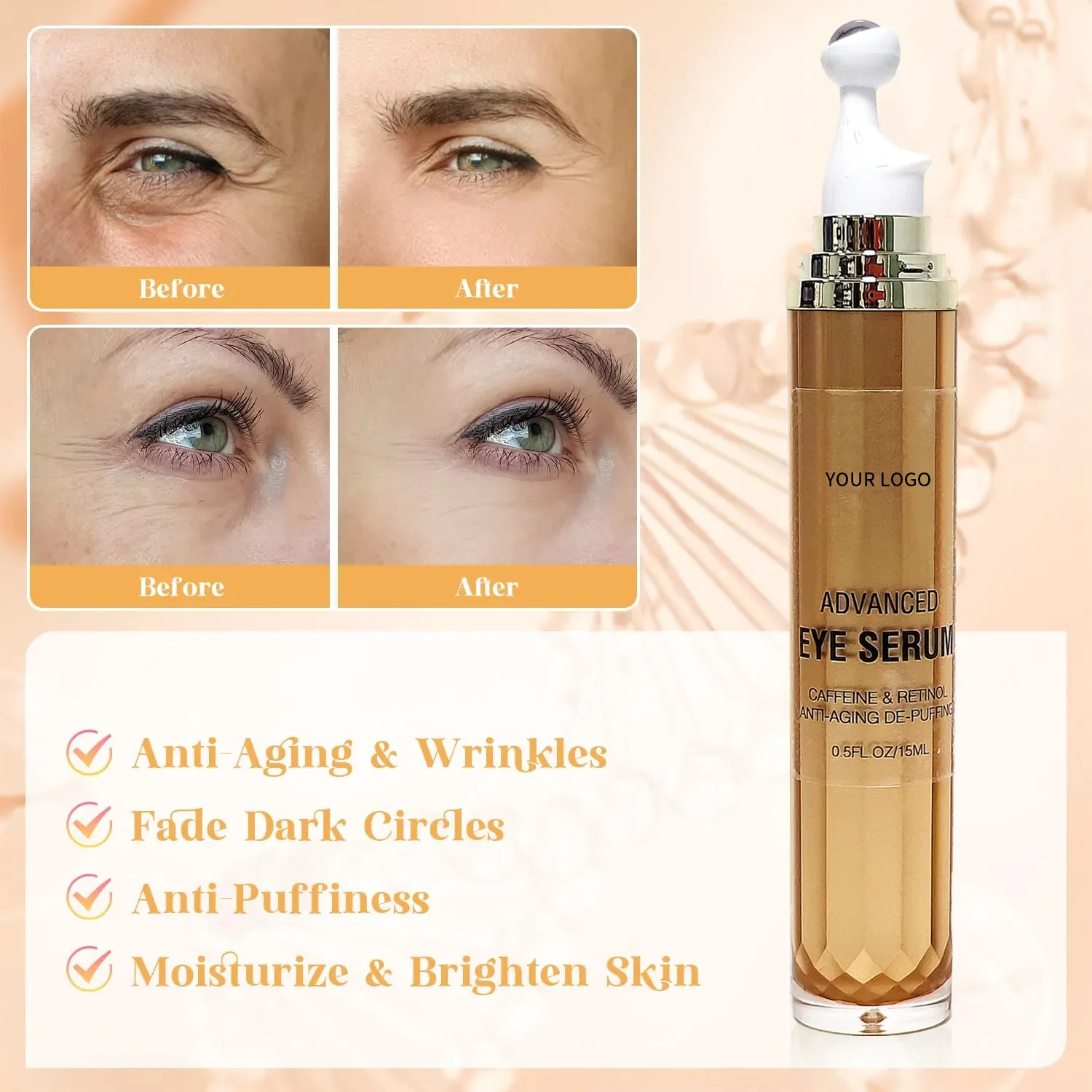 skincare 360 Roller with Massage Ball Caffeine and Yeast Under Eye Roller for Dark Circles Puffiness Bags Retinol Eye Serum