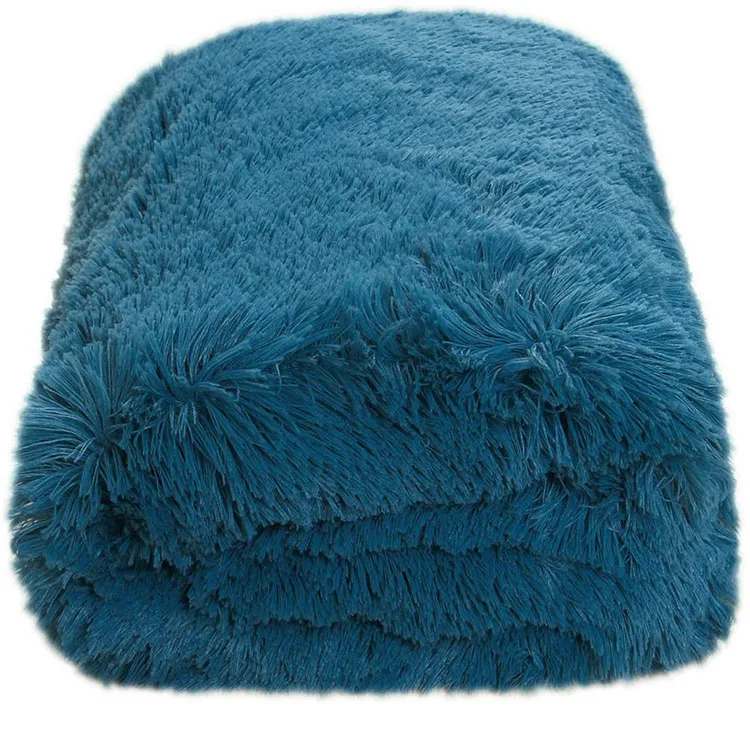 Elegant deep sea blue long faux fur plush warm reversible two in one blanket