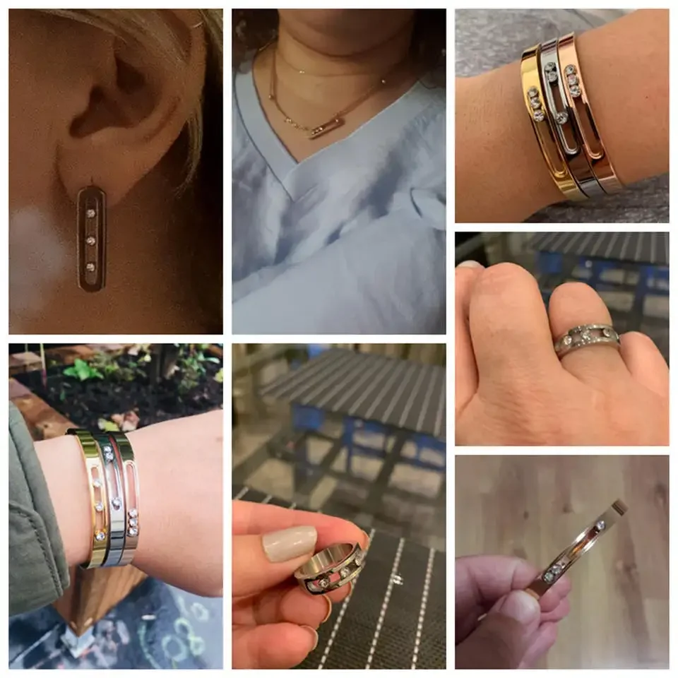 Wholesale Hot Sale Cube Three Diamond Sliding Zircon Necklace Bracelet Earrings Ring Jewelry Set Stainless Steel Jewelry Set