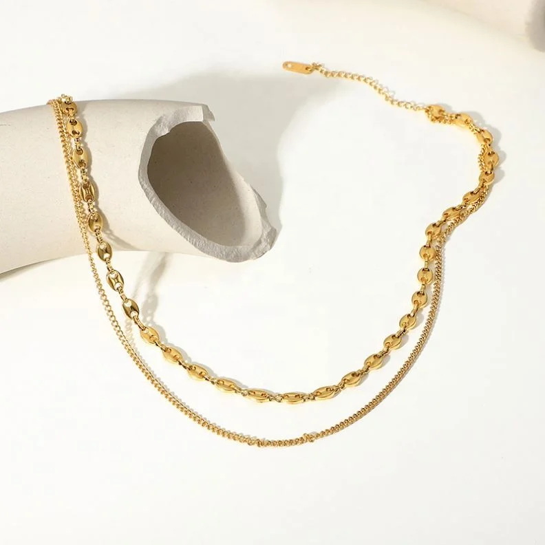 New Simple Double Layer Chain Link Chocker Women Jewelry 18K Gold Plated Stainless Steel Necklace