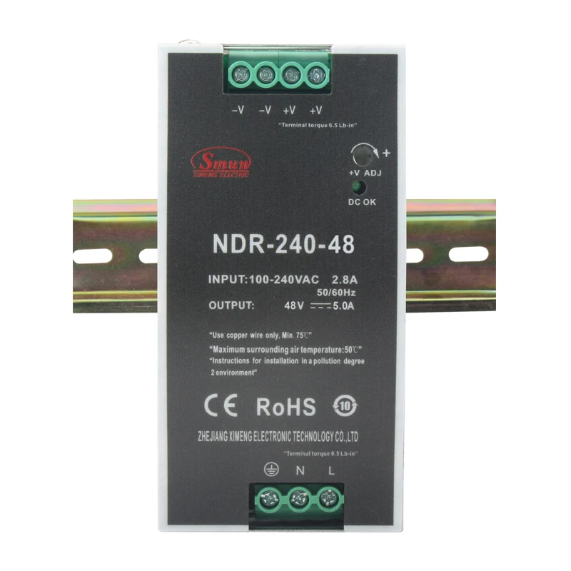 NDR-240-48 48VDC 5A 240W Single Output AC/DC Thin Industrial Din Rail Power Supply