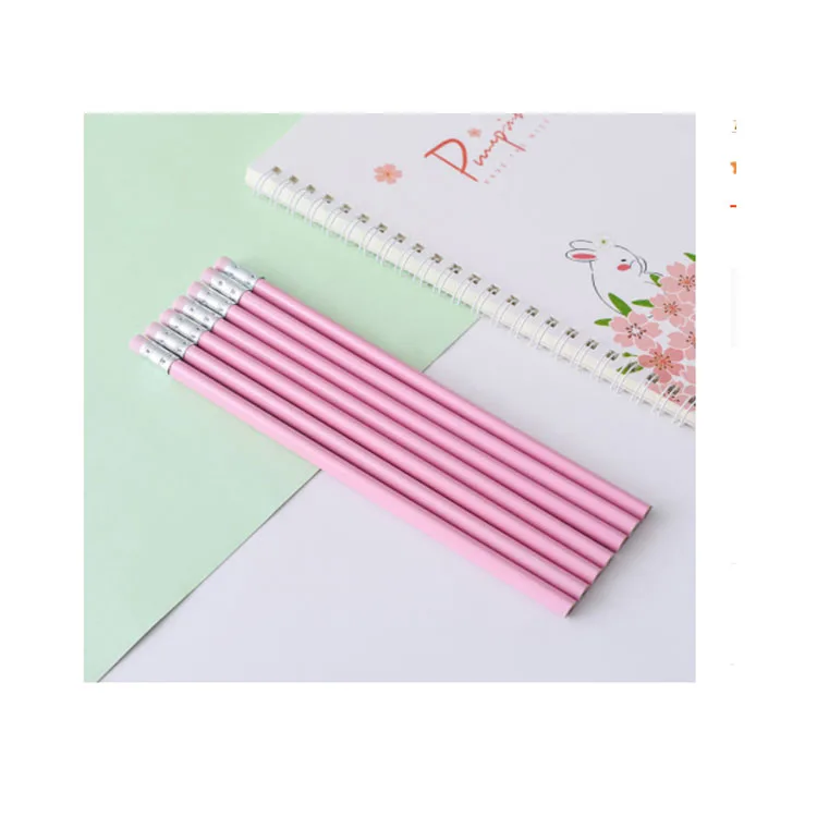 Pink HB pencil  with eraser with red yellow blue pink 12 colors HB black lead with Custom Logo burly wood pencil