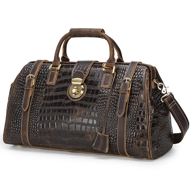Hot Selling Extra Large Luxury Brown Carry On Holdall Duffel Bags Crocodile Pattern Genuine Leather Traveling Bag