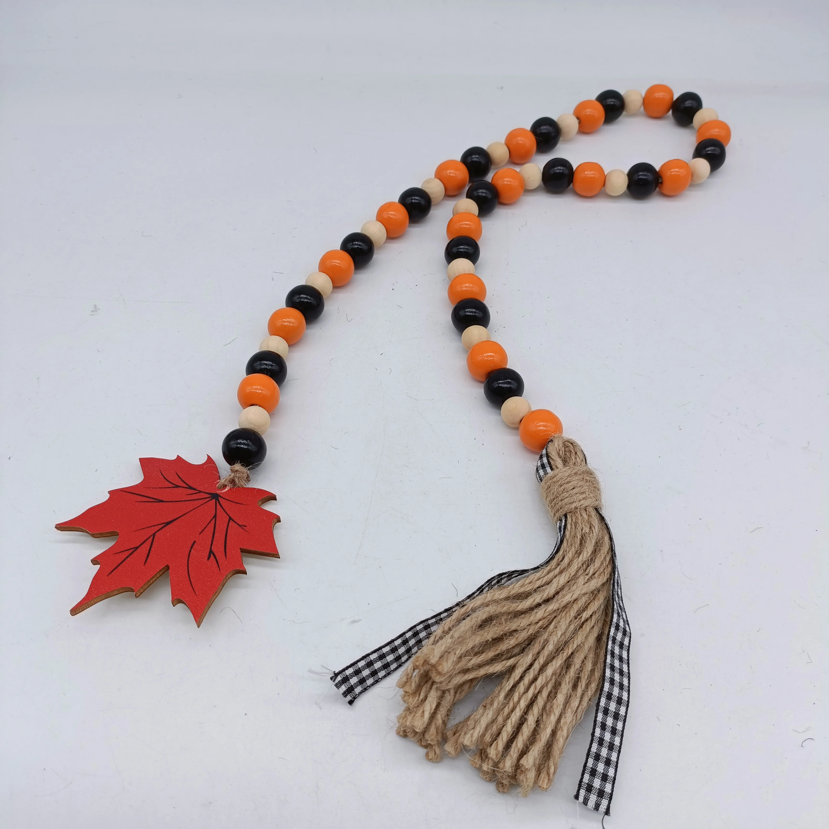 TaiLai Christmas Wooden Bead Garland with Christmas Tree Ornament Wood Bead Garland with Tassels Maple Leaf Tag Farmhouse Beads