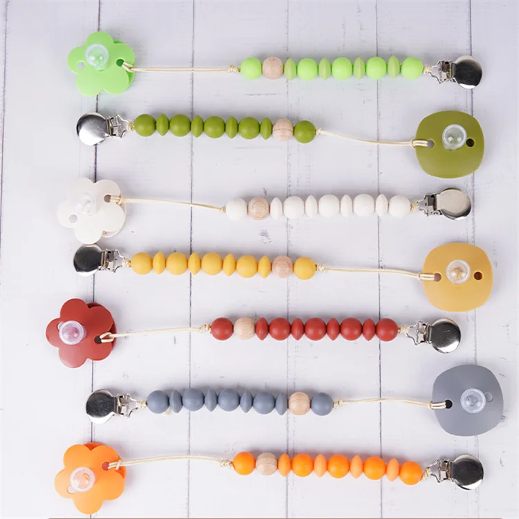 BPA Free Soft Toddler Silicone wood Beads Dummy baby pacifier clip nipple