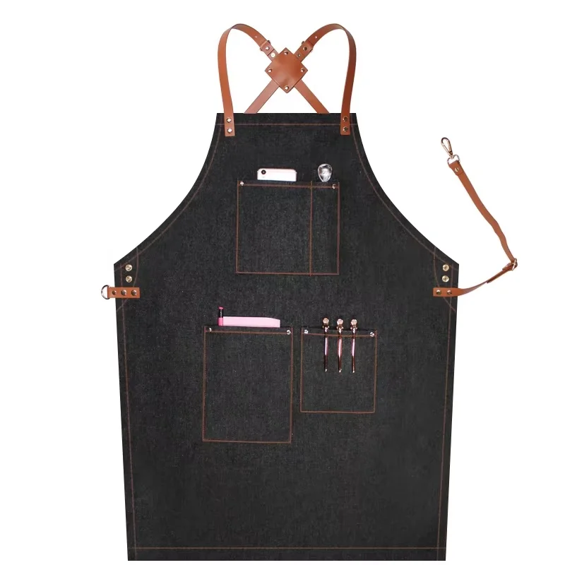 Jeans Black Barber Unisex Kitchen Cleaning Bib Apron Custom Logo Denim Apron Fabric Available With Pockets