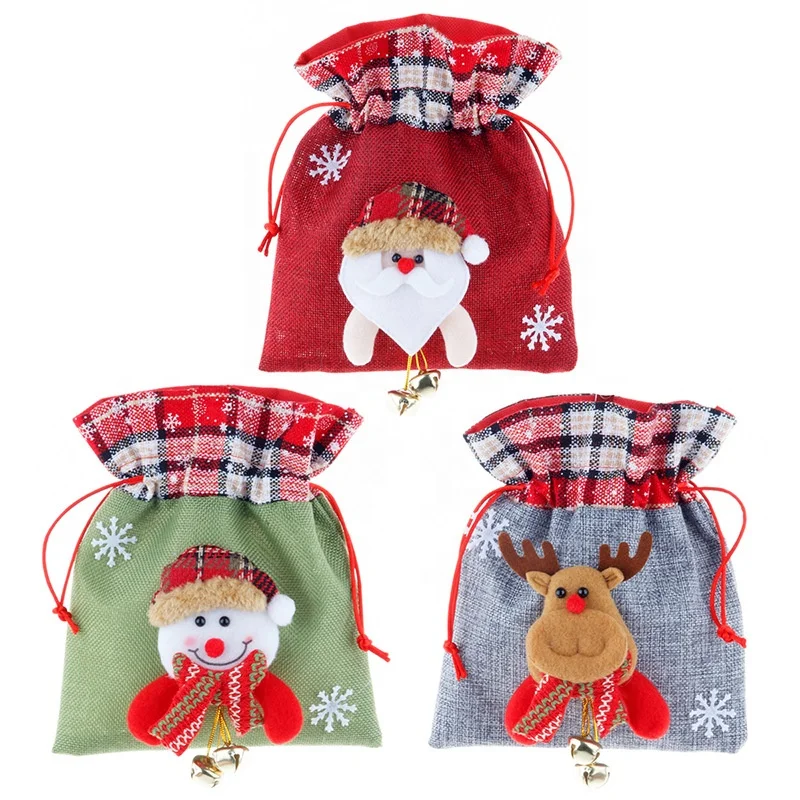 New cute linen candy gift drawstring jute bags christmas with bells