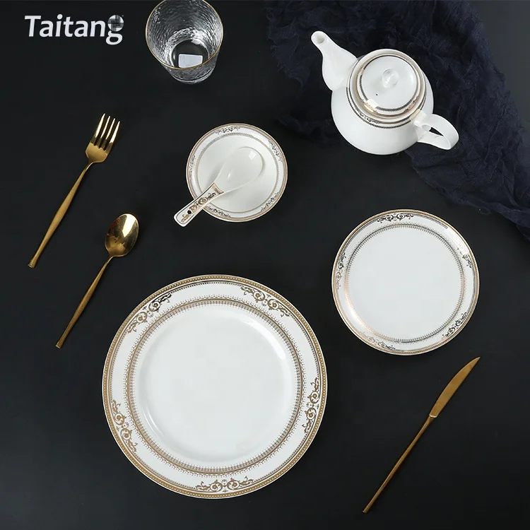Restaurant Wedding Ceramic Gold Rim Fine Bone China Dinnerware Dinner Set With Embossed Gold Decal Dinnerware