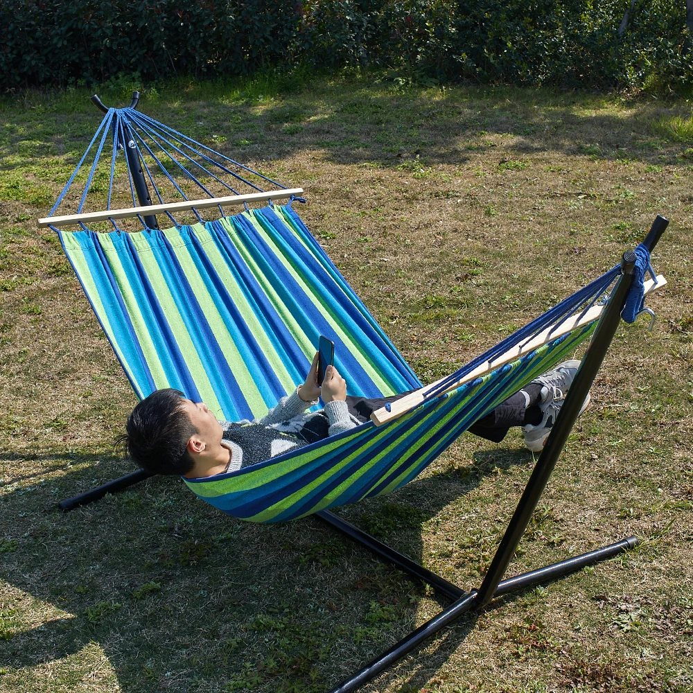 150*200CM Portable Camping Hammock With Wood Bar Outdoor Canvas Material Hammock  With 12ft steel stand