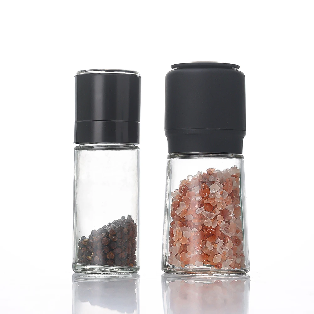 Custom Box Black Color Salt Spice Grinder with Adjustable Coarse Mills Clear Transparent Glass Bottle with Black Plastic Grinder