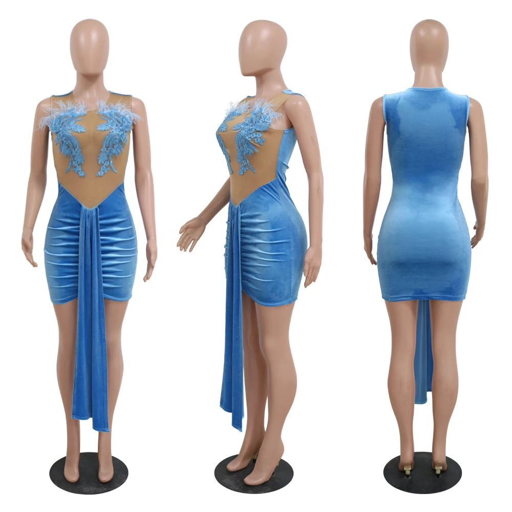 Mujer Women Crystal Glam Club Dress Sleeveless See Through Pleated Mini Dresses Vestidos With Ribbon