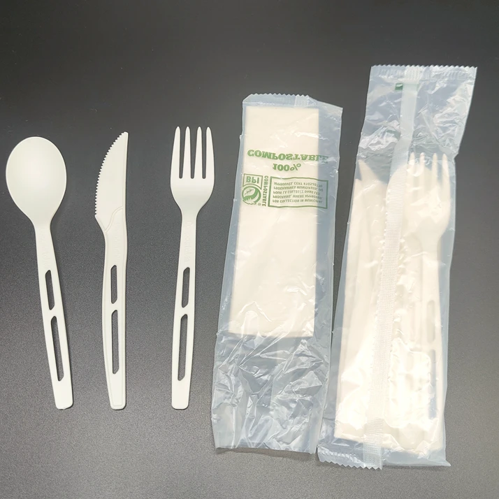 Customized Packaging CPLA Fork Spoon Knife 100%Biodegradable Disposable Cutlery Set With Compostable Packing or Opp Packing Bag
