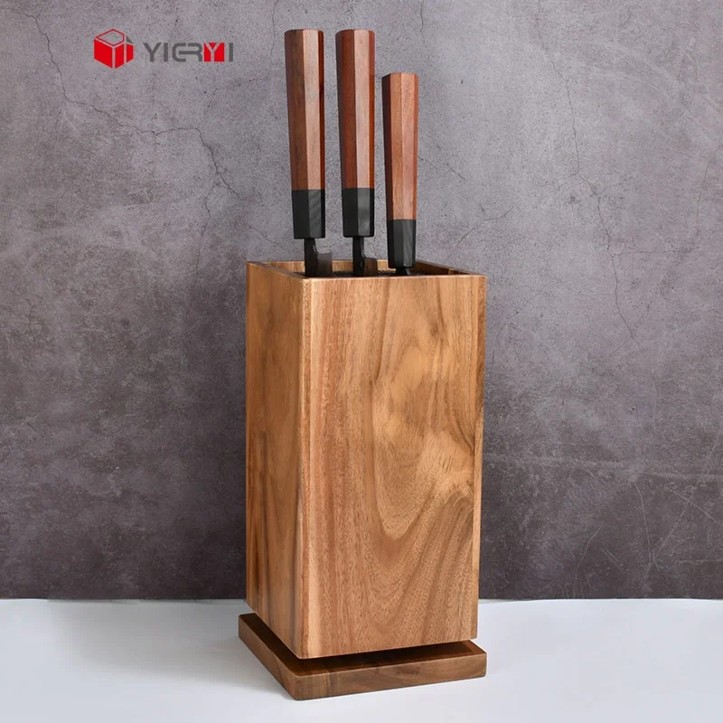 Acacia Wood 360 Degree Universal Knives Holder With PP Core Slot Rotating Acacia Wooden Knife Block For Kitchen Countertop