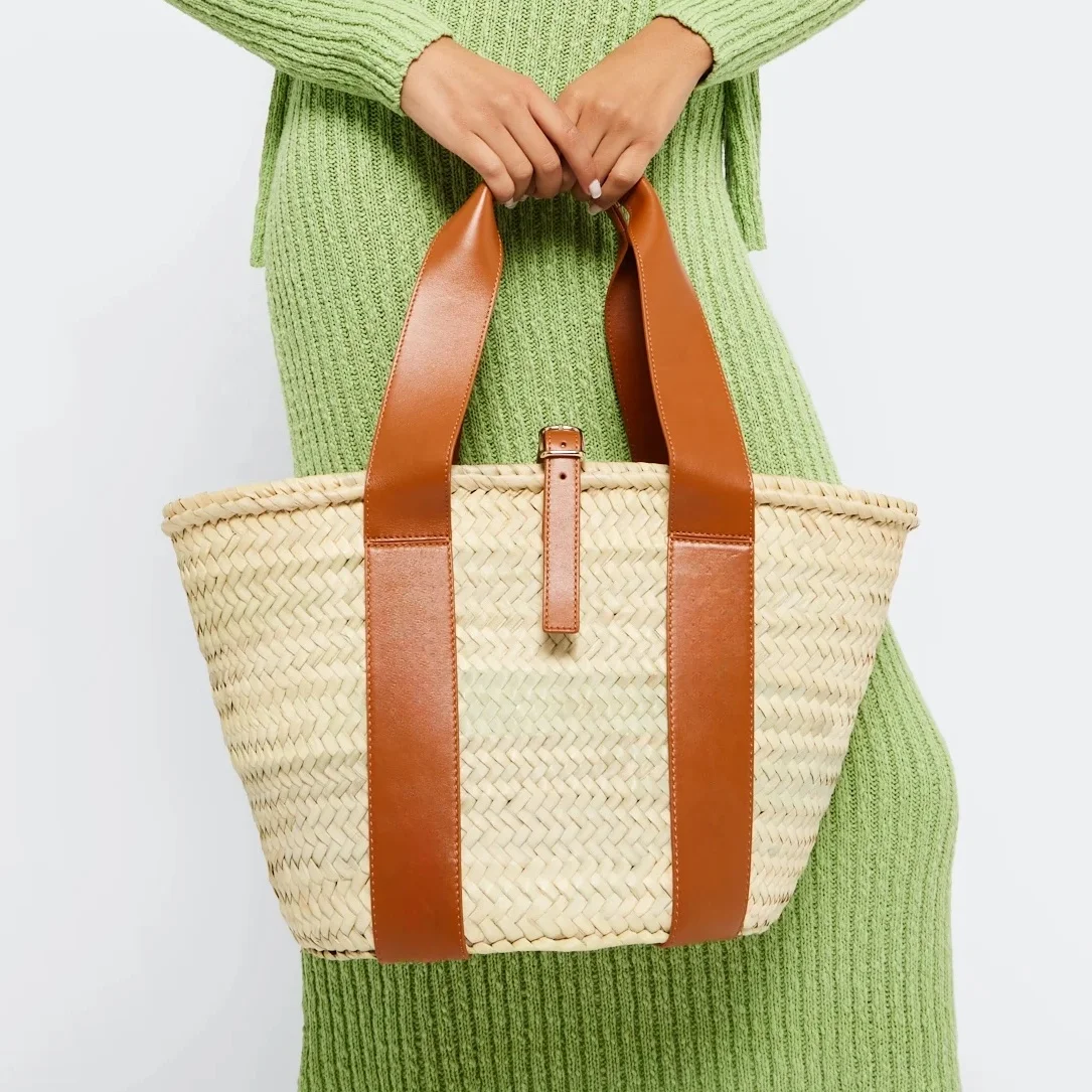 Summer Weaving Holiday Straw Basket Beach Shopping Bag Best Sale Design Luxury Palm Leaf Open All Seasons