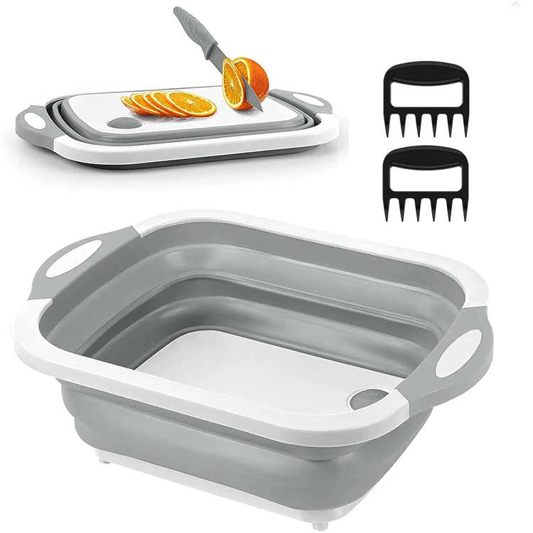 Kitchen Collapsible Chopping Board XL with Meat Shredder Claws Food Grade Plastic and Silicone Collapsible Wash Basin for Camp
