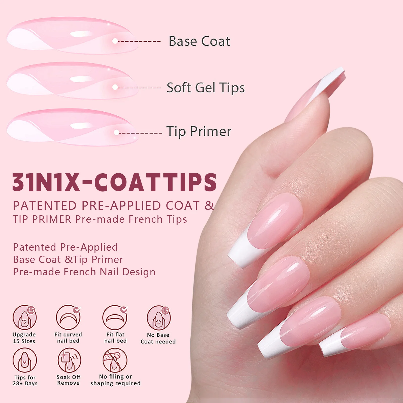 New Release 150pcs Medium Coffin Press on Soft Gel Fake Nails 3 in 1 French Style Gel Nail Tips