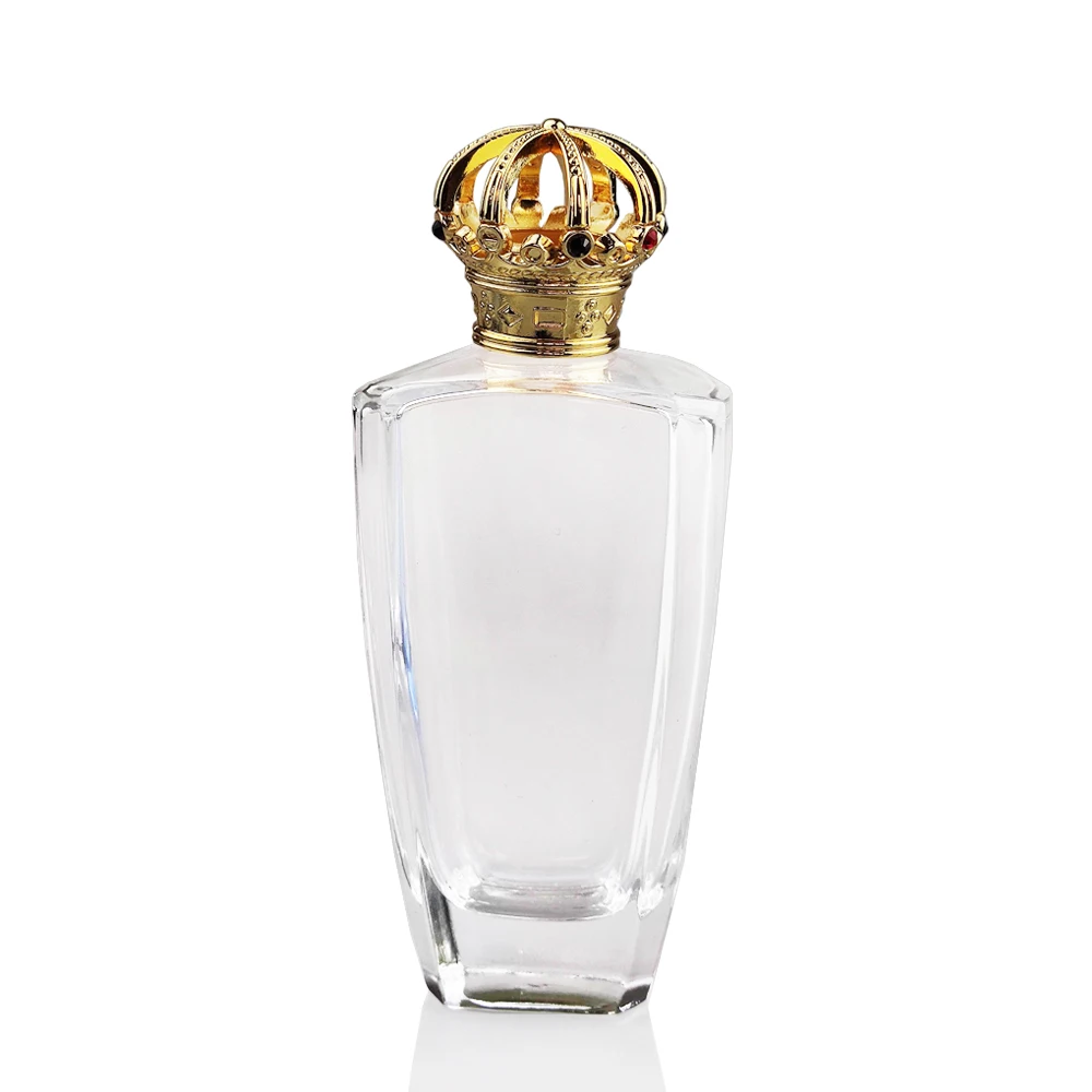 Spray men cologne bottle unique shape arab perfume bottle 100ml with luxury gold crown metal zamac lid