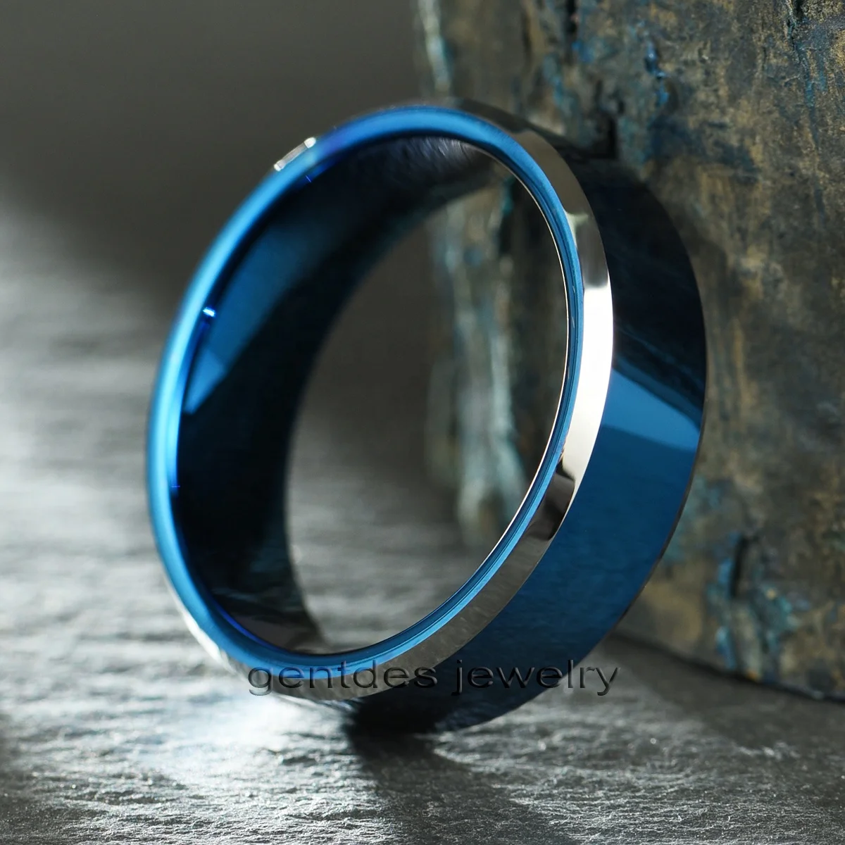 Gentdes Jewelry 8MM Blue&Silver Beveled edge Tungsten Ring Mens Tungsten Wedding Bands Fine Jewelry Rings