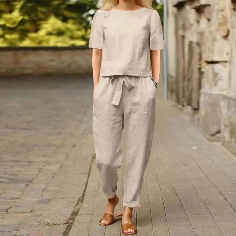 new Cotton and linen summer suit half-sleeved round neck oversized smock broadleg trousers vintage home wear suit