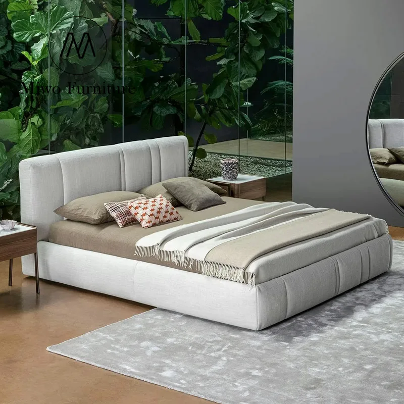 Italian modern stylist furniture white Linen fabric bedroom King size bed Double upholstered bed Hotel Loft queen bed frame