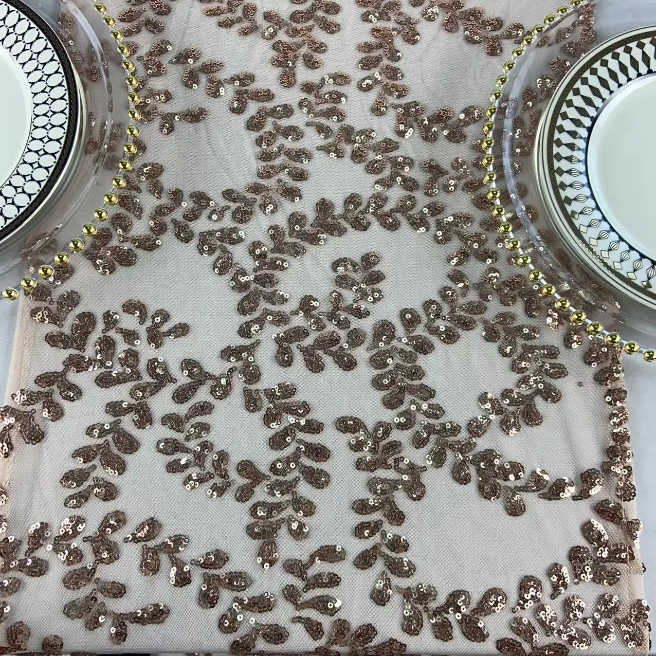 TR064#73 wedding table runner floral table runner sequin bow