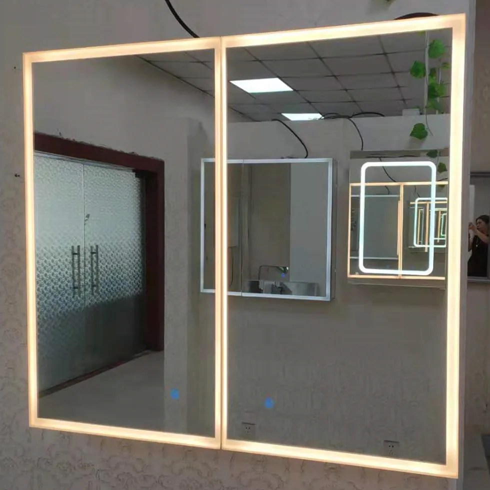 2021 High Quality soft cloing hinge double door Aluminum Bathroom Mirror Cabinet Medicine Cabinet with Lights