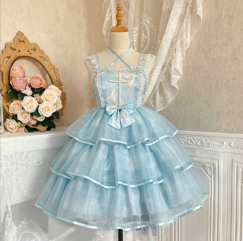 Summer soulier vintage casual JSK Women Skirt Costumes cake organza blue rhinestones girl lolita dress uniforms