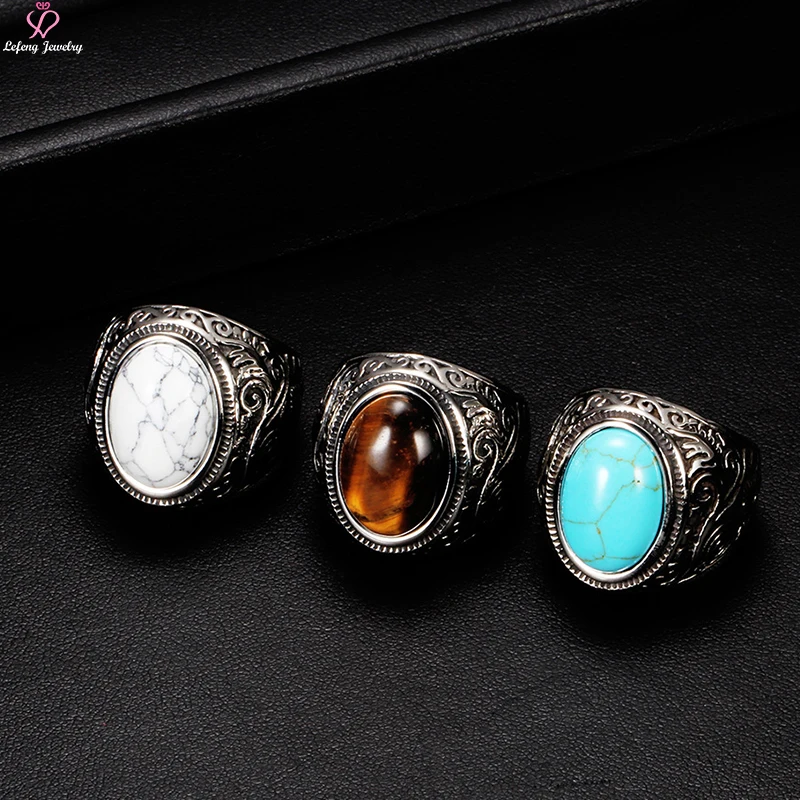 Lefeng Custom Vintage Stainless Steel Silver Men Turquoise Emerald Colored Gemstone Big Stone Ring