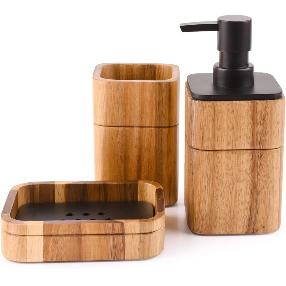 3 Pieces No Drilling Vintage Wooden Bathroom Accessories Soap Dish Dispenser Bathroom Mug Cup for Home And Hotel
