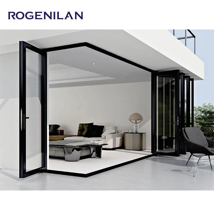 ROGENILAN Frameless Sliding Folding Glass Curtain Balcony Partitions Doors aluminum Stacking Panoramic Accordion Bifold Doors