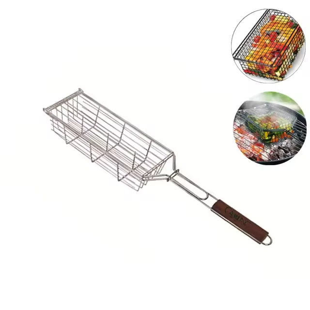 Camping Stove Wood Bbq Iron Mesh Frame Vegetable Bbq Square Wooden Handle Barbecue Grill Grid Basket Wire Net