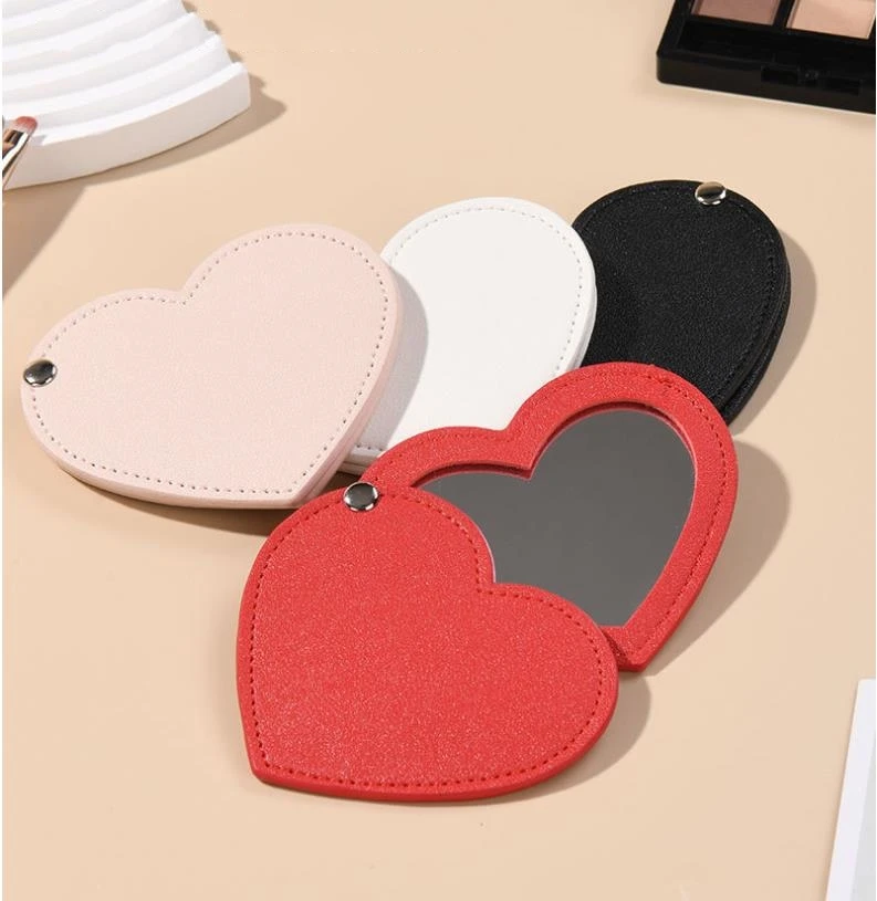 Travel Heart Shaped Pu Leather Makeup Mirror Custom Logo Rotatable Stainless Steel Cosmetic Pocket Mirrors For Women