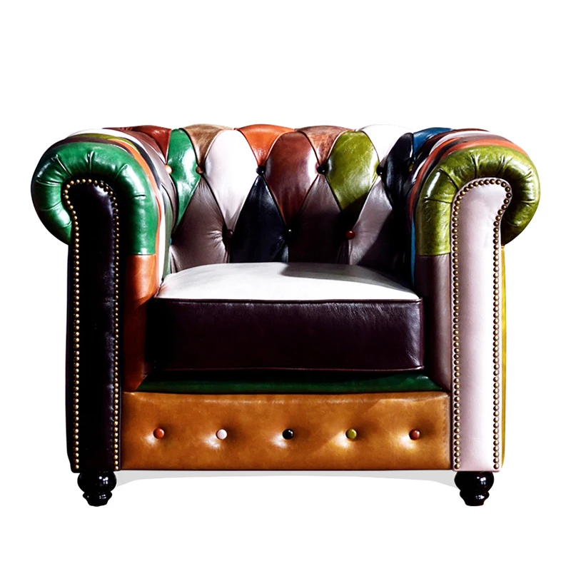 Luxurious Designed Colorful Leather Armchair Antique American Style Patchwork Leather Sofa Cigar Chair for Sale