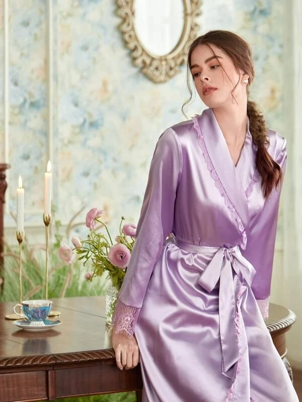 long sleeve satin robe custom design long silk nightgown robe