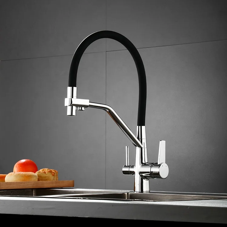 Wholesale high quality 2 handles 3 in 1 brass kitchen tap water filter faucet with universal sillicon spout