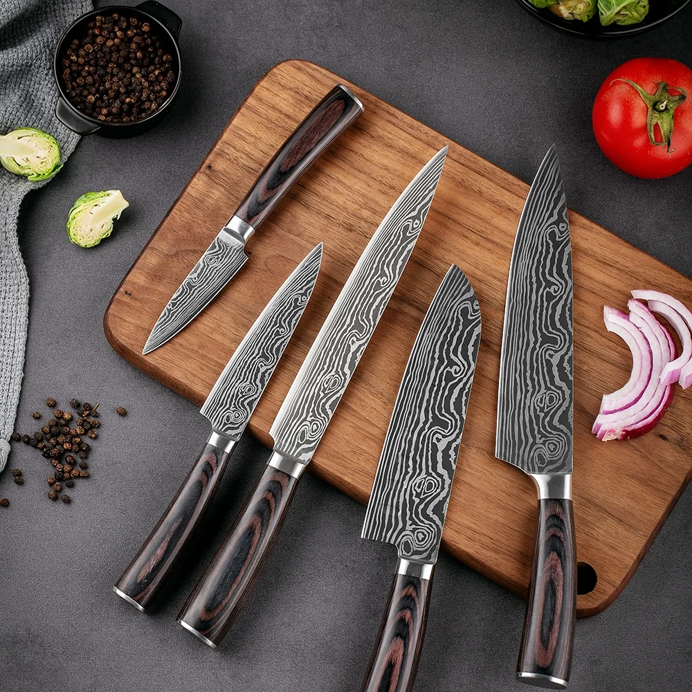 Damascus Laser Patterns Kitchen Japanese Knives set with Pakka Color Wood Handle Stainless