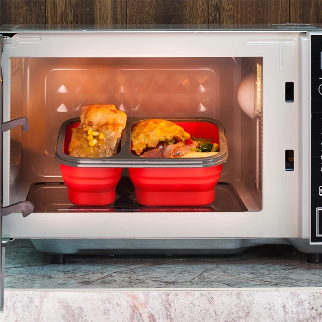 2 Compartments Silicone Bento Lunch Box Collapsible Food Storage Containers Portable Lunch Boxes With Fork and Spoon For Kids