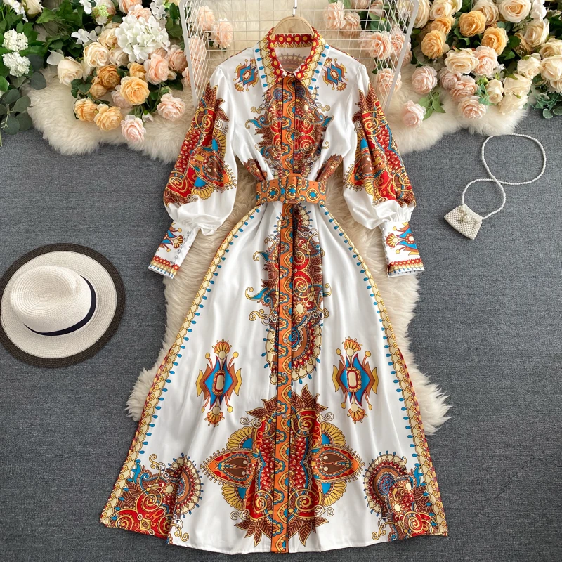
2020 Europe and the United States new lapel single-breasted long dress with belt Long Maxi Dress Inspiration Women Maxi Dress 
