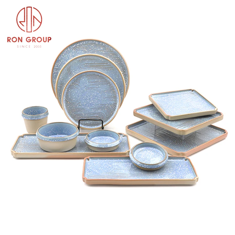 Round crockery flat wholesale hotel square plates blue stoneware dining restaurant porcelain dinner ceramic plates dishes set