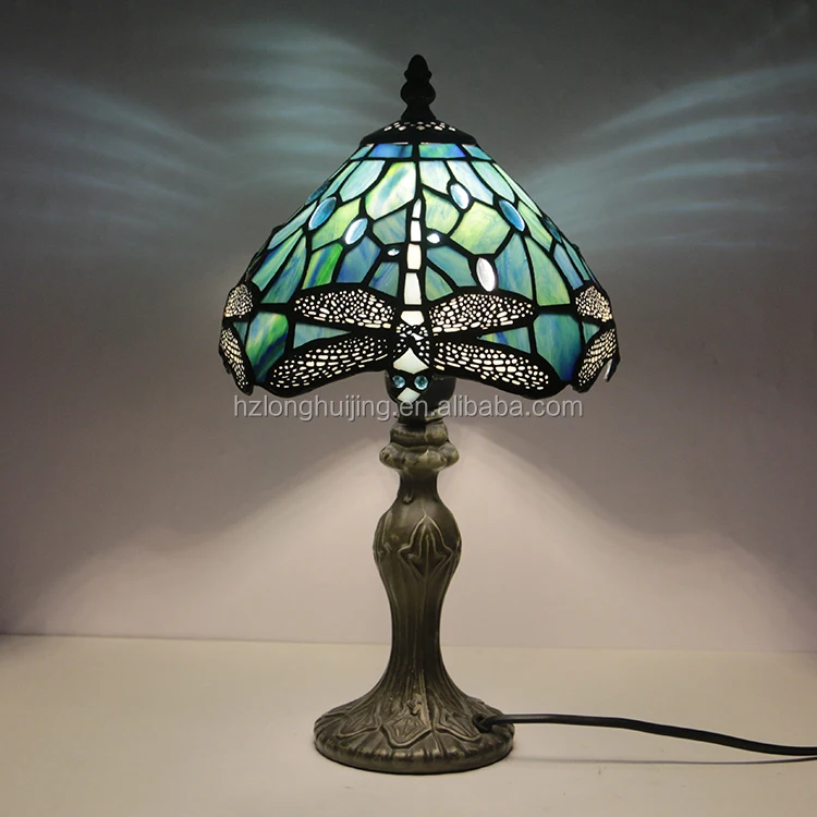 LongHuiJing Tiffany Stained Glass table lamp Bar Restaurant Crystal desk Lamps Mediterranean Blue Dragonfly Light