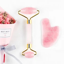 Face Lifting Beauty Massage Tool rodillo de jade Natural Rose Quartz Massager Roller Jade Stone Massage Jade Roller Gua Sha Set