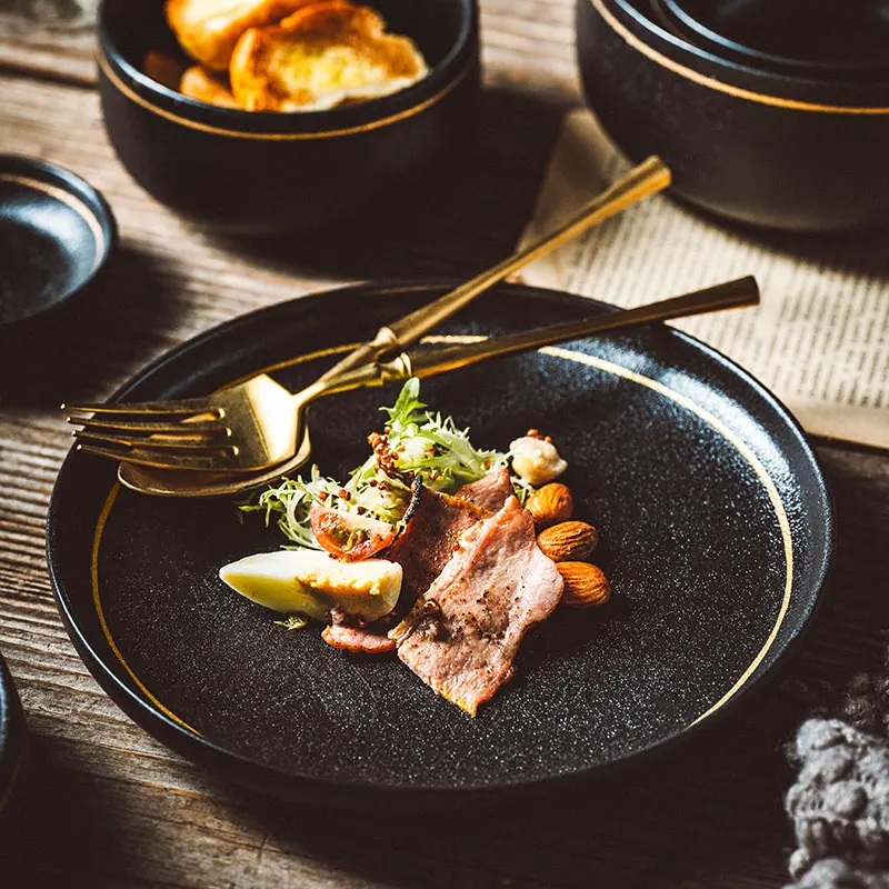 Black Nordic Ceramic Kitchen Dinner Dish Sets Plate Rice Salad Noodles Bowl Soup Plate Set Ceramic Dinnerware Dinner Sets