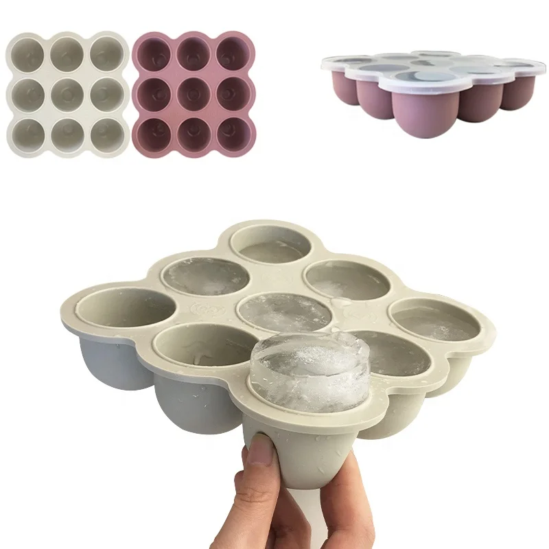 KingKam Flexible tray silicone large size customize logo round ice cubes molds with lids store baby food tray