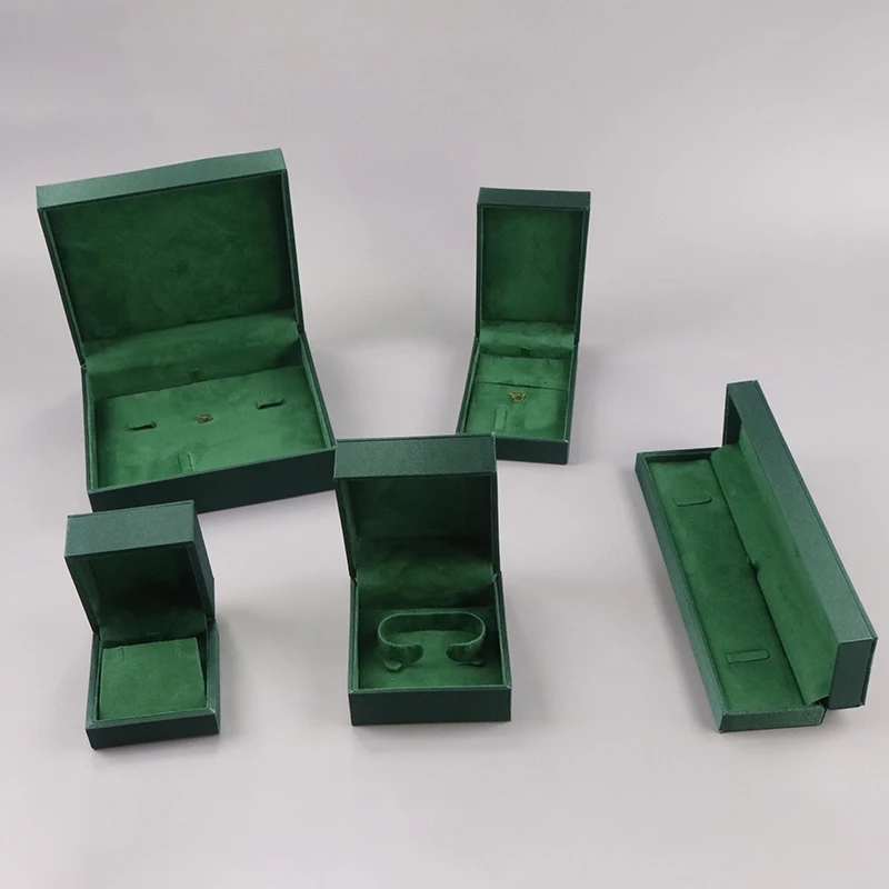 high quality  green velvet  cover plastic frame ring earring necklace bangle bracelet half set jewelry packaging box custom LOGO