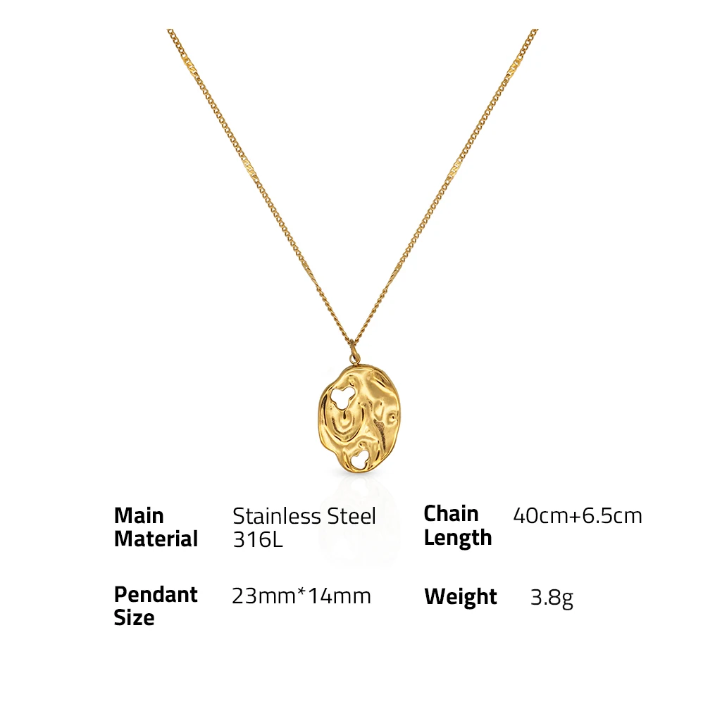 Chris April Fashion design PVD gold plated 316L stainless steel  bumpy texture hollow rocky organic pendant necklace