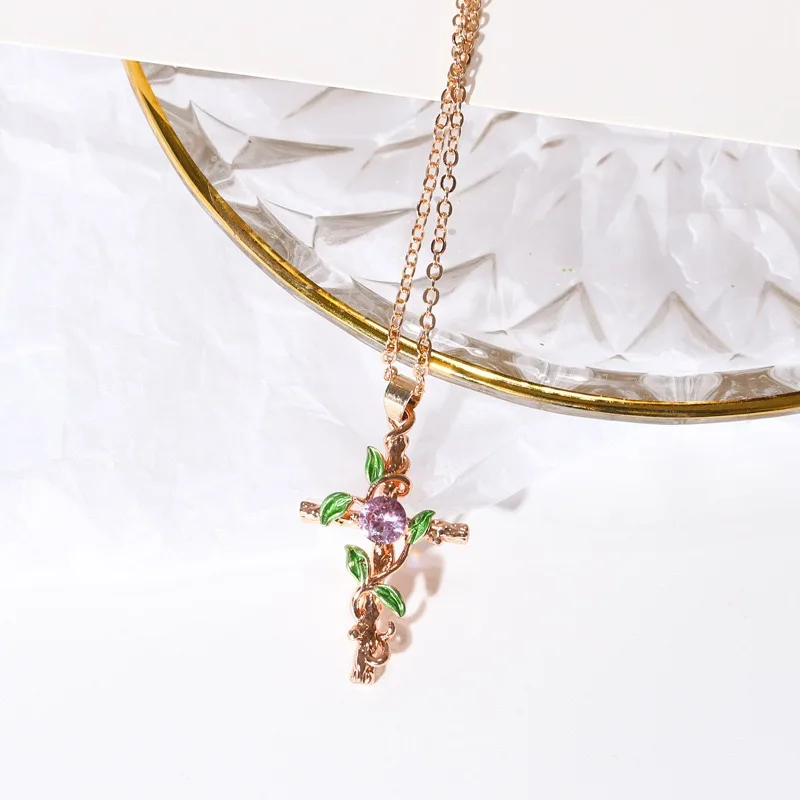 Women Orthodox Jesus Diamond Rhinestone Tarnish Free Dainty Chunky Collar Flower Leaves Christian Cross Pendant Necklaces